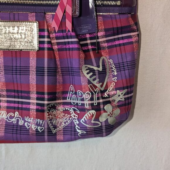Women's Coach Poppy Purple Plaid Shoulder Bag with Bag Tags - Picture 2 of 15